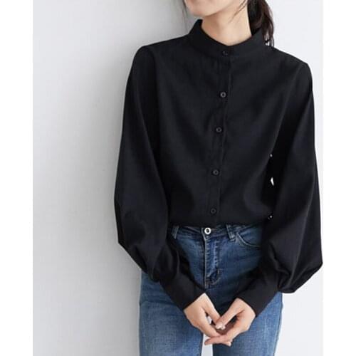 LJSXLS 2021 Autumn Big Lantern Sleeve Blouse Women Winter Vintage Single Breasted Stand Collar Shirts Office Work Blouses Femme
