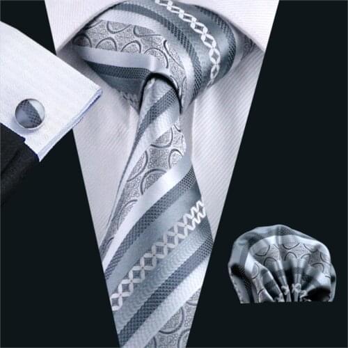 FA-589 Mens Tie Gray Stripe Silk Jacquard Neck tie Tie Hanky Cufflinks Set Ties For Men Business Wedding Party Free Shipping