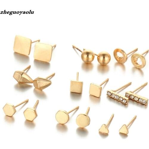 9 Pair/set New Fashion Crystal Stud Earrings Set For Women Female Round Small Geometric Piercing Earrings Studs Set