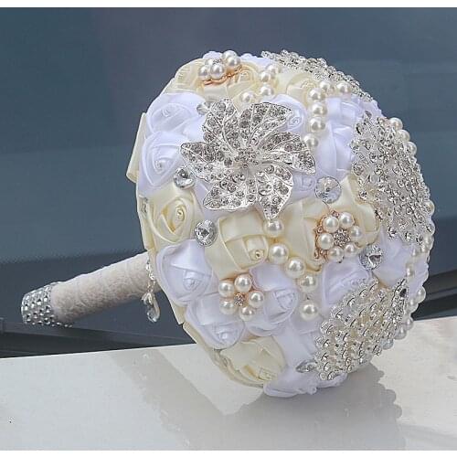 Newest arrived cream+white artificial wedding bouquets crystal bridemaid wedding bouquets for wedding decoration