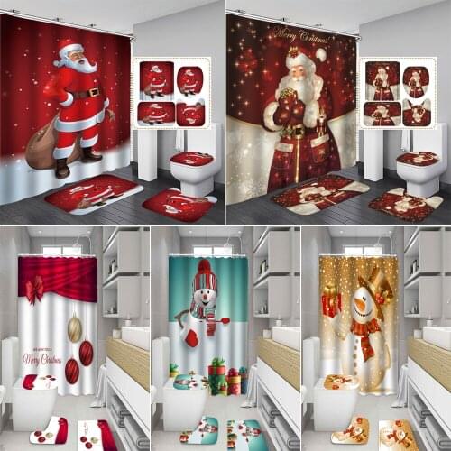 2020 Merry Christmas Shower Curtain Set Santa Claus Snowman Bathroom Curtains Mats Decor Anti-slip Rug Cover Toilet Bath Mat