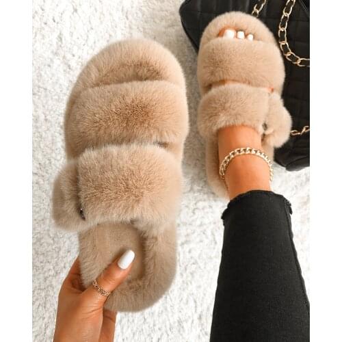 Furry Fur Slippers Platform Faux Fur Slides Fluffy Flip Flops Plush House Slippers Designer Flat Sandals Womens Fashion Shoes
