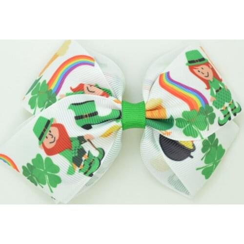 SUPWRF 1 PCS 4.5" St. Patricks Day Clover cute bow Girls Bows Clips hair bow Printed ribbon Kids Hair Accessories T0929