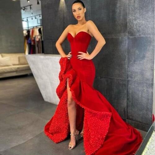 Unique Red Asymmetrical Long Evening Dresses Ruffles Split Prom Gowns Off The Shoulder 2021 Trend Party Dresses