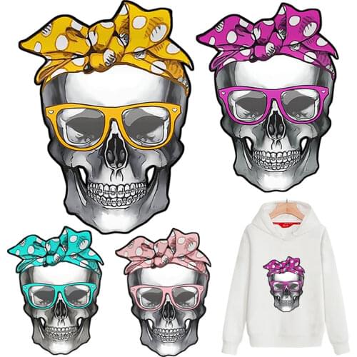 Funny Punk Skull Heat Transfer Vinyl Sticker Print-on Women Kids T-shirt Iron On Patches For Clothing Applique A-level Washable
