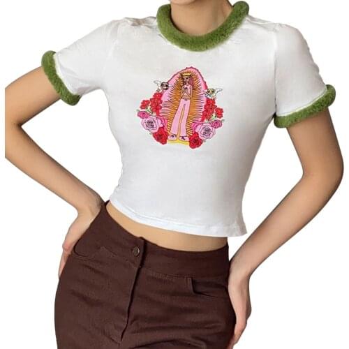 Women Fashion Short Sleeve Print T-shirt Stylish Crop Top for Shopping Daily Wear 2021 Summer Clothes