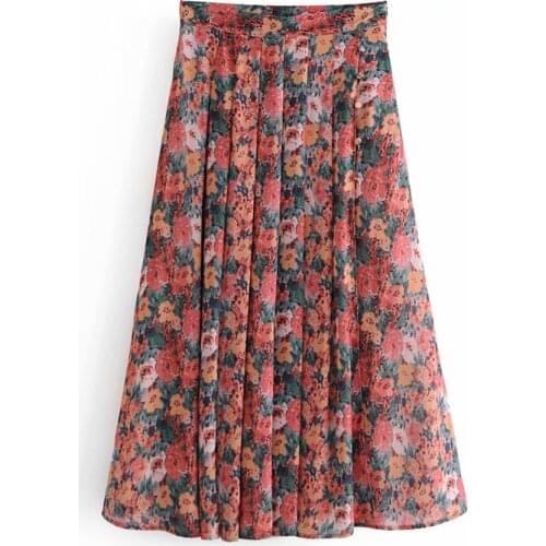 Floral long pleated skirt women vintage high waist skirt spring summer fashion floral work office lady long skirt female faldas