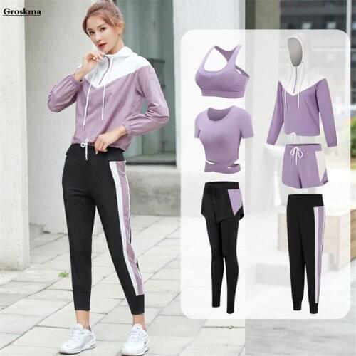 Newest women yoga 5 piece set hooded jacket+t shirt+bra+shorts+pants quick dry fitness gym sportswear clothing running suits