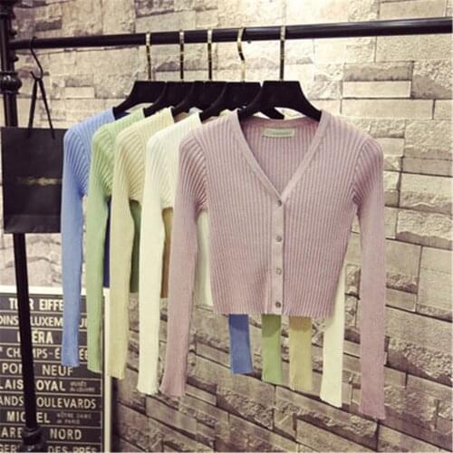 Women V-Neck Long Sleeve Knitted Slim Sweater Female New Spring Autumn Korean Short Cardigan Cardigans Women Coat Ladies Tops