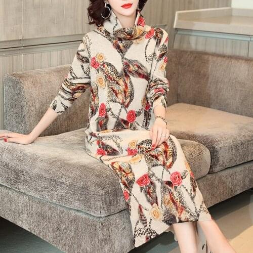 2021 Winter Casual Floral 3XL Plus Size Knitted Sweater Autumn Turtleneck Bodycon Wool Sweater Midi Dress Elegant Vintage Dress