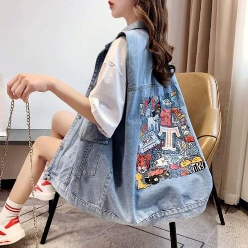 Fashion Cartoon Print Student Cowboy Vest Coat Loose Sleeveless Oversize Denim Jacket Top Spring Summer Women Waistcoat Chaqueta