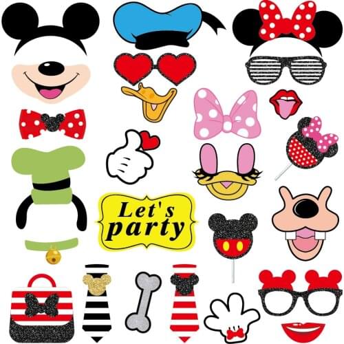 25Pcs Mouse Friends Photo Booth Props with Stick Mickey Theme Selfie Props Minnie Birthday Party Supplies Photography Backdrop