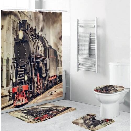 3D Locomotive Fabric Shower Curtains Gray Smoke Train Bathroom Curtain Anti-skid Rugs Toilet Lid Cover Bath Mat Set Home Decor