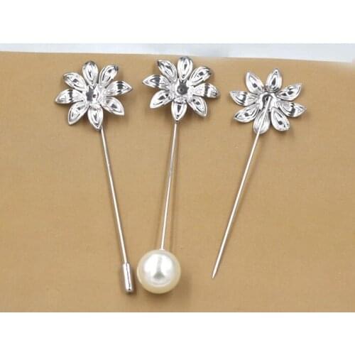 29mm Blank Filigree Flower Brooch Pins with Plastic Pearl Stopper Brooches Bases Findings Settings Rhodium tone Plated