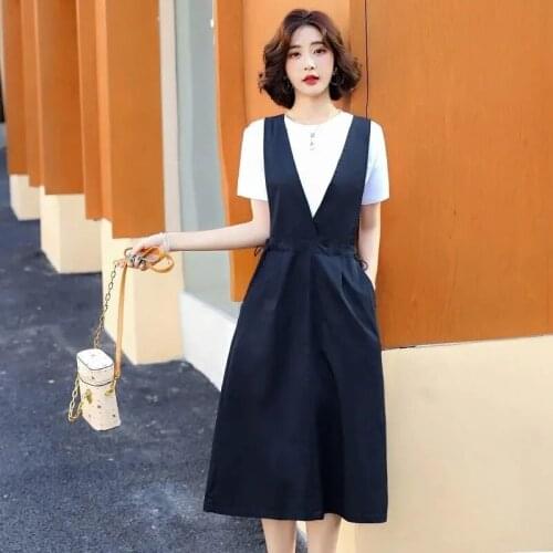 One-piece Women Suit 2021 Suspender Skirt Cotton Two-piece Spring And Summer Loose Thin Mid-length Over-the-knee Plus Size Dress