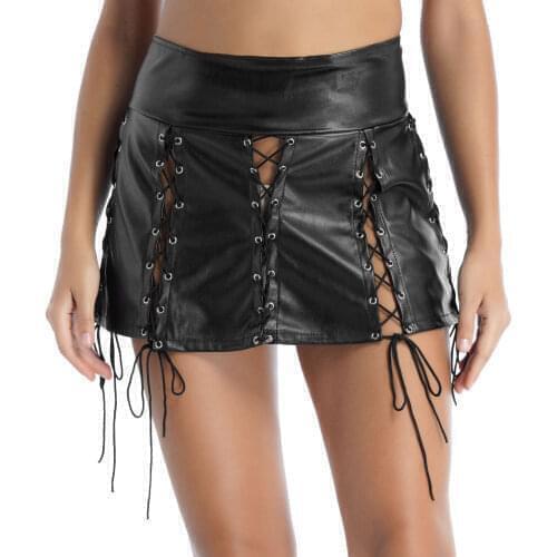 Women Punk Hollow Out Lace-up Faux Leather Skirt Gothic Stylish Nightclub Party Rock Concert Miniskirt Festival Party Clubwear