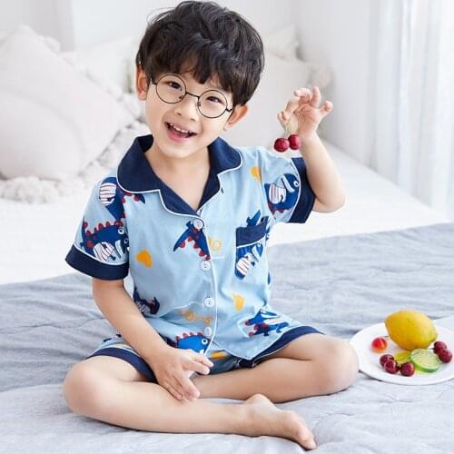 Boys Homewear Suit Cartoon Printed Buttons Kid Pijama Short Sleeve Girl Pajamas Set Summer Casual Tracksuit Girls Nightwear Set