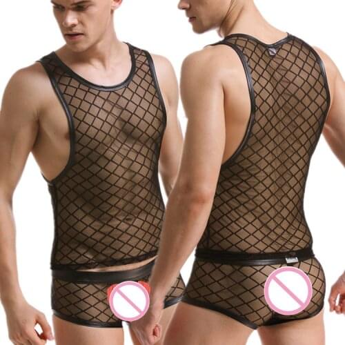 Mens Underwear Stage Runway Show Nightclub Sexy Big Rhombic Hollow Out Transparent Mesh Sexy Vest Suit(for A Set)