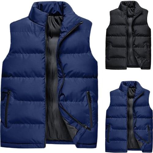 Men Winter Solid Color Sleeveless Vest Jacket Stand Collar Thick Warm Waistcoat