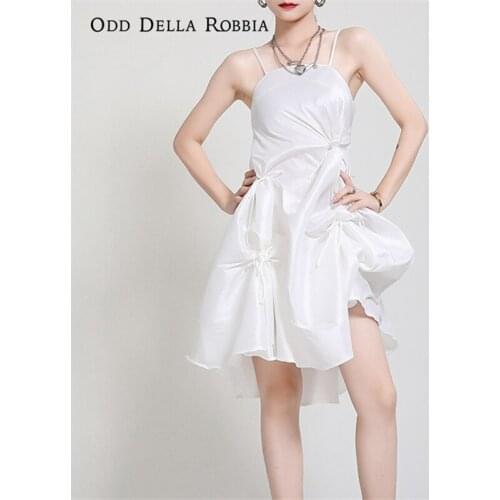 OddDellaRobbia Summer 2021 New Women Drawstring Sexy Party Suspender Skirt Irregular Pleated Satin Knee-Length Dress 1449