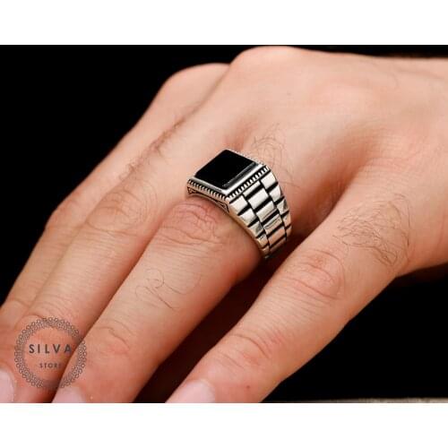 Silva 925 Sterling Silver Ring for Men Onyx Black Agate Stone S925 silver fashion Jewelry Gift Mens Rings All sizes