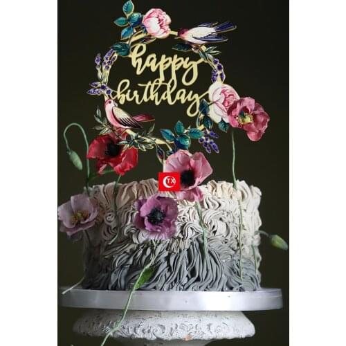 Original Flowers and Birds Happy Birthday Cake Toppers Gold Acrylic Birthday Cake Topper for Baby Birthday Party Cake Decoration
