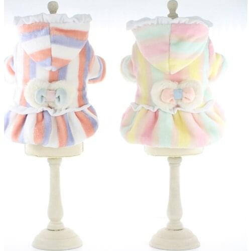 Autumn and Winter Warm Dog Clothes Striped Bow Dog Skirt For Chihuahua Dress Soft Coral Fleece Jumpsuit Pajamas Pet Clothing