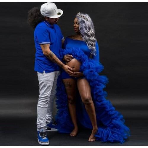 African Royal Blue High Low Tulle Dress For Women Maternity Photoshoot Vestidos Long Tulle Gowns For Party Plus Size Tulle Robe