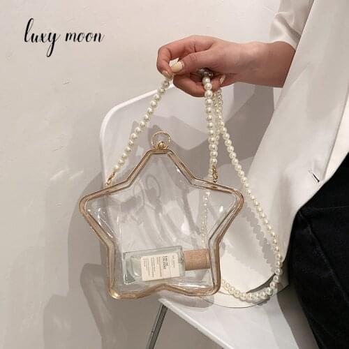 Transparent Bag for Women Star Box Shape Luxury Handbag Summer Fashion Clear Purse Pearl Chain Shoulder Beach Bag Crossbody Z116