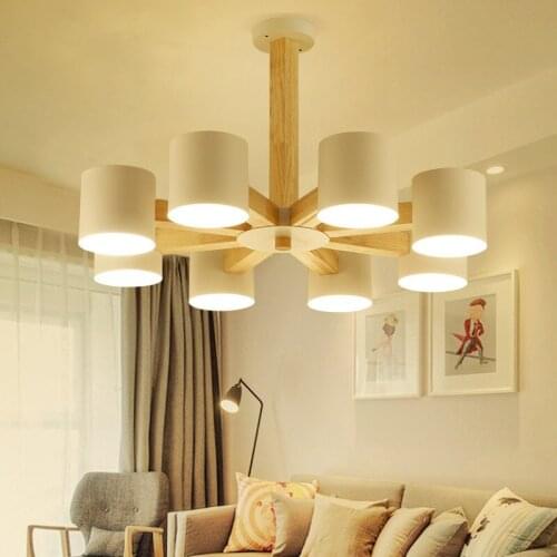 Modern Wood Chandelier Lights Living Room Bedroom White Lampshade Wooden Hanglamp Art Decor Luminaire Lamparas Lighting