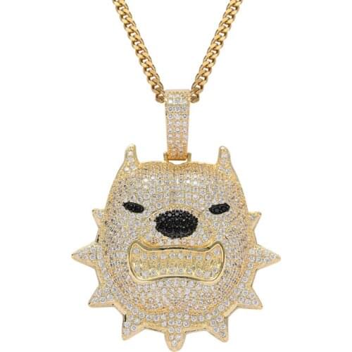 Rhinestone Men Necklace Ice Out Cubic Zircon Dog Heard Pendant Gold Silver Color Hip Hop Charm Chain Jewelry