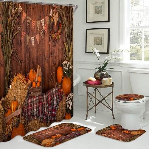 Thanksgiving Fabric Shower Curtain Autumn Pumpkins Wooden Pattern Bathroom Curtains Anti-skid Bath Rugs Carpet Toilet Lid Cover