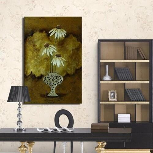 Top Skill handpainted golden Oil paintings wall art pictures beautiful flower daisy oil painting in glass still life on canvas