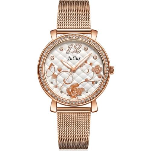 Rose Flower Japan Quartz Lady Womens Watch Elegant Lattice Fashion Hour Bracelet Stainless Steel Girls Gift Julius No Box