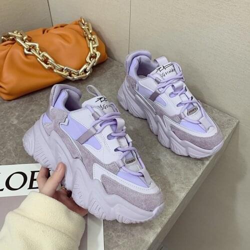 Womens Sports Shoes Fashion Womens Daddy Shoes 2021 New Genuine Leather Sneakers Purple Pink White Platform Shoes All-Match