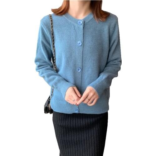 Women spring Autumn O-neck sweater solid color Single-breasted lady Basic style loose knitwear Cardigan sweater coat