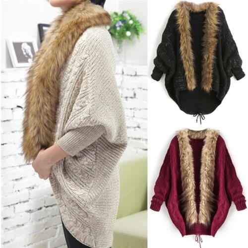 Cardigan Knitted Sweater Women winter warm Faux Fur Collar Coat Long Bat Sleeve fashion Loose Knit Cardigan Korean Femme Coat