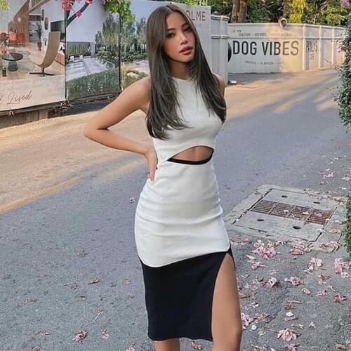 Women Tanks Dress Hollow Out Split Summer Sleeveless Round Neck Cutout Slit Casual Midi Dress Sundress Clothes Female Ladies New