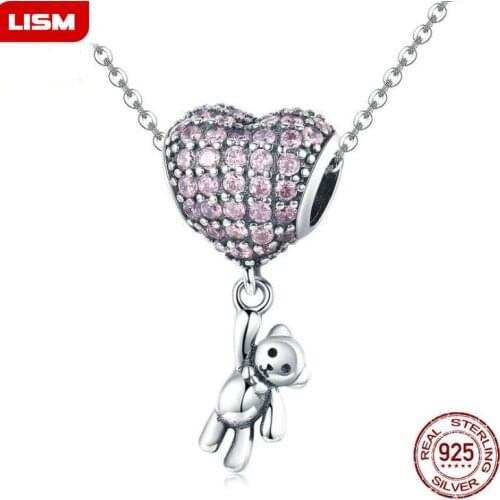 Necklace 100% 925 Sterling Silver Animal Cute Bear with Heart Balloon Pendant Necklaces for Women Fashion Fine Jewelry Gift