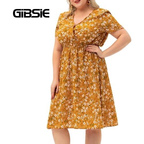 GIBSIE V Neck Floral Print Elastic Waist Boho Dress Plus Size 2021 Summer Short Sleeve Holiday Casual Sweet Women Midi Dresses