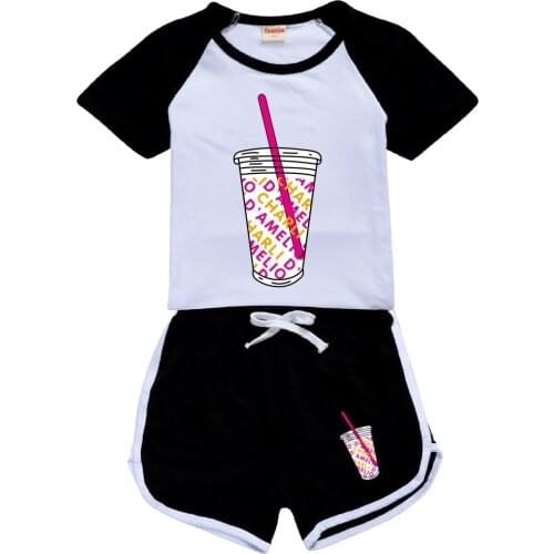 Kids Clothes Two Piece T-shirt + Shorts Pants Hype House Print Flower Ice Coffee Charli Damelio Sportswear Tracksuit for Girls