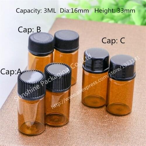 Hot sale 500 X3CC Amber Sample Vial 3ML Mini Amber Glass Essential Oil Bottle With A No Hole Plug & Round Cap( Like CAP: A)