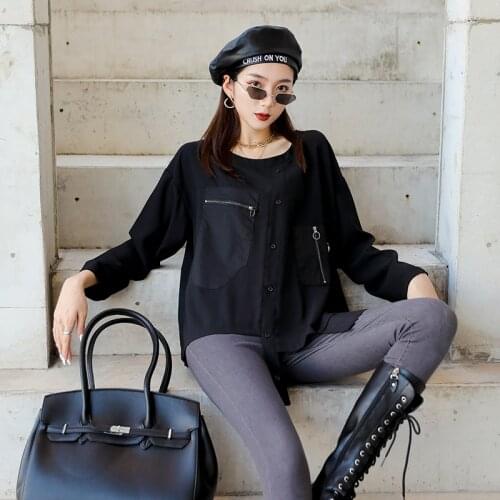 Hipster Summer Lady Zippers Pockets O Neck Single Breasted Long Sleeve Gothic Top Women Black Punk Irregular Loose T Shirt 2021