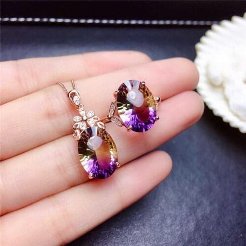 Mystic Rainbow Zircon Flower Jewelry Sets Purple Crystal Big Oval Stone Pendant Necklace Ring Sets For Women Wedding Bridal Sets