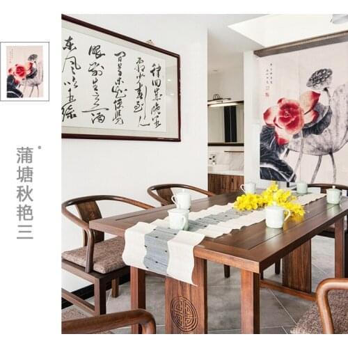 New Chinese style classical lotus mountain wind window blind water curtain cotton and linen curtain porch partition decorations