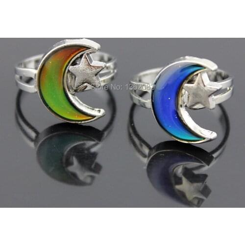 Wholesale 20pcs Fashion Moon & Star Mood Rings Color Changing Emotion Temperature Rings Changeable Adjustable Finger Band MR93