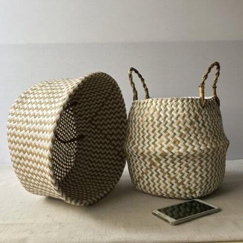 Natural Seagrass Woven Storage Basket Organizer Foldable Garden Flower Pot Vase Hanging Wicker Basket Decoration Bellied Basket