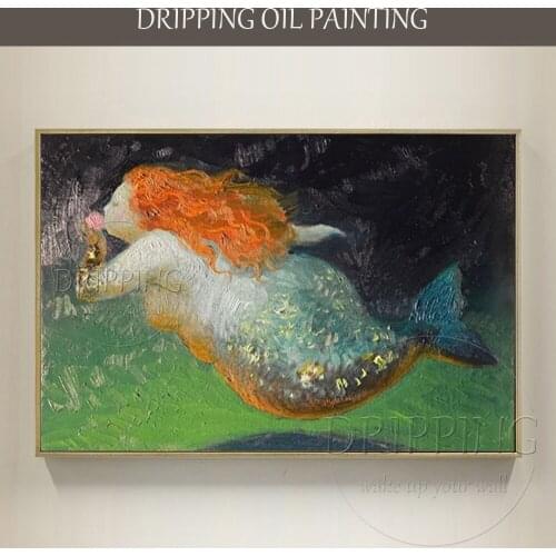 Excellent Painter Hand-painted Funny Sea Animal Mermaid Portrait Oil Painting on Canvas Fat Figure Cartoon Mermaid Oil Painting