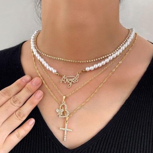 Fashion Multilayer Cross Letter Imitation Pearl Beaded Necklace For Women Butterfly Heart Crystal Tennis Chain Necklaces Jewelry