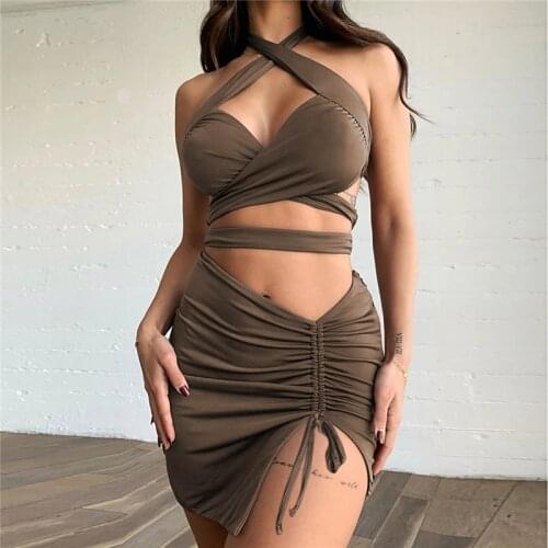 Women Lace-Up Summer Bodycon Dress Sexy Neck-Mounted Cross Cut Out Shirring Folds Brown XS robe femme vestidos mujer verano 2021
